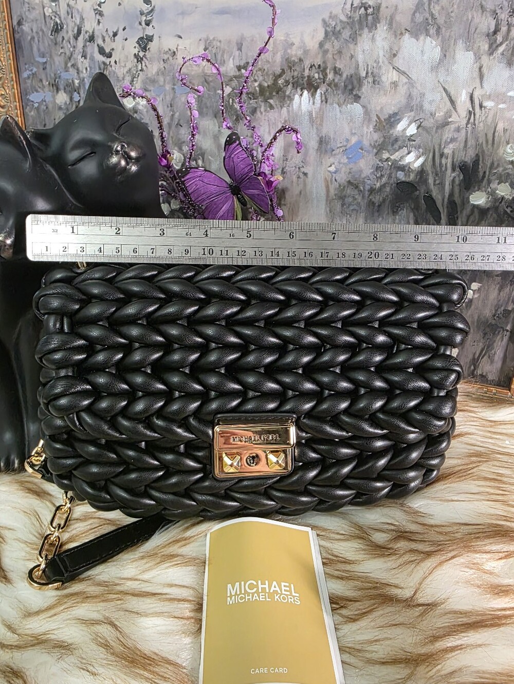 Auth NWT Michael Kors Black Braided Leather Shoulder Bag with Gold Chain - Picture 10 of 11